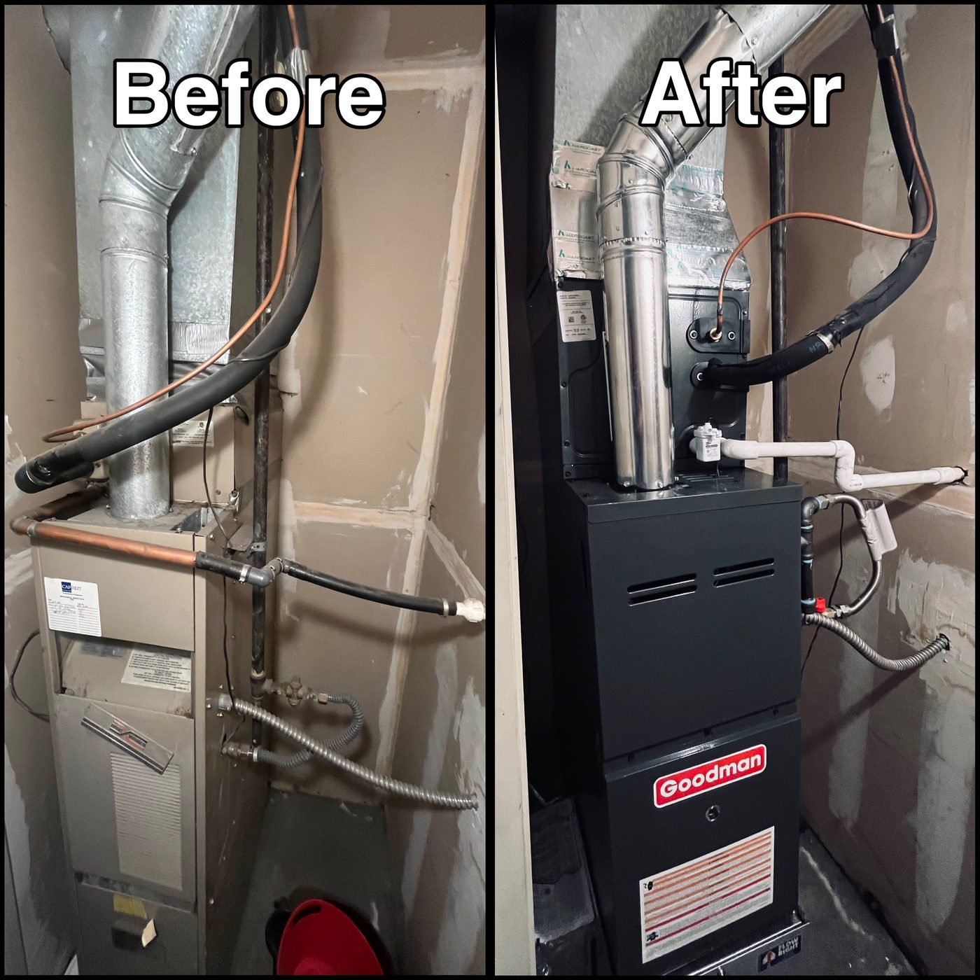 M&M HVAC furnace replacement before and after - new Goodman furnace installed in Lakewood home